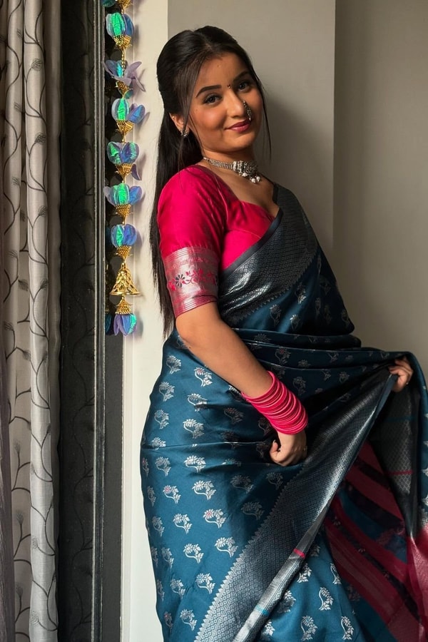 Teal Blue Banarasi Soft Silk Saree with Silver Zari Motifs and Contrast Pink Woven Pallu  in Surat