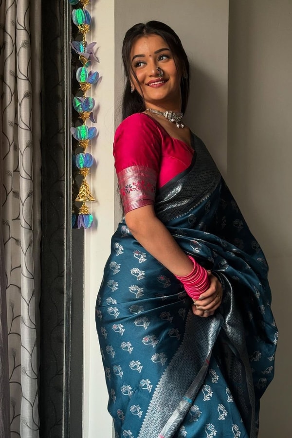 Teal Blue Banarasi Soft Silk Saree with Silver Zari Motifs and Contrast Pink Woven Pallu  in Surat