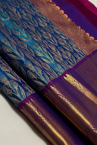 Teal Blue Banarasi Soft Silk Saree with Zari Floral Brocade and Contrast Wine Pallu in Surat