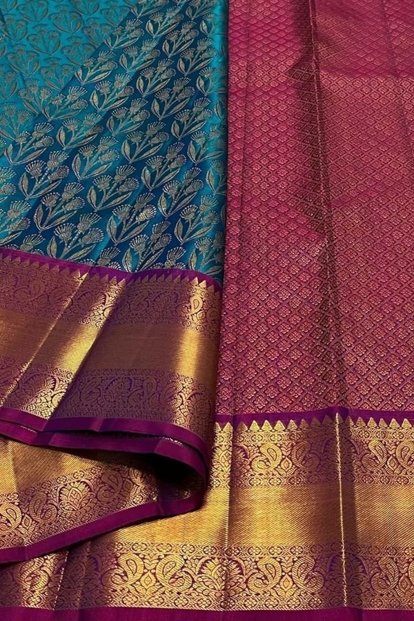 Teal Blue Banarasi Soft Silk Saree with Zari Floral Brocade and Contrast Wine Pallu  in Surat