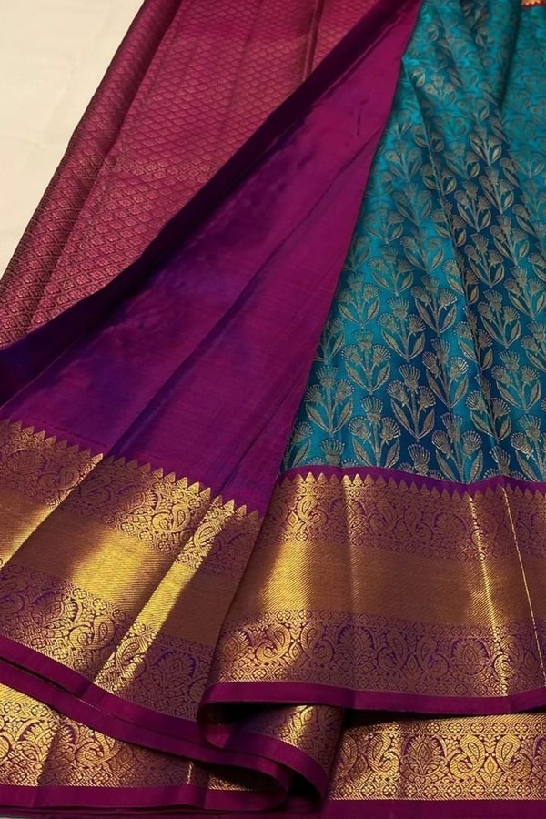 Teal Blue Banarasi Soft Silk Saree with Zari Floral Brocade and Contrast Wine Pallu  in Surat