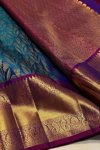 Teal Blue Banarasi Soft Silk Saree with Zari Floral Brocade and Contrast Wine Pallu  in Surat