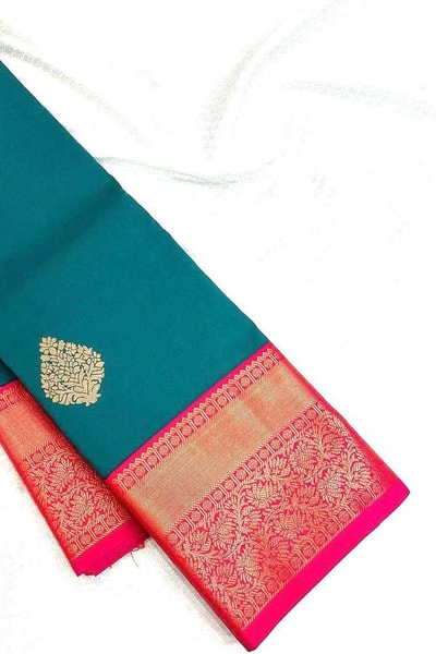 Teal Green Banarasi Soft Silk Saree with Bright Pink Pallu, Border and Zari Butis in Surat