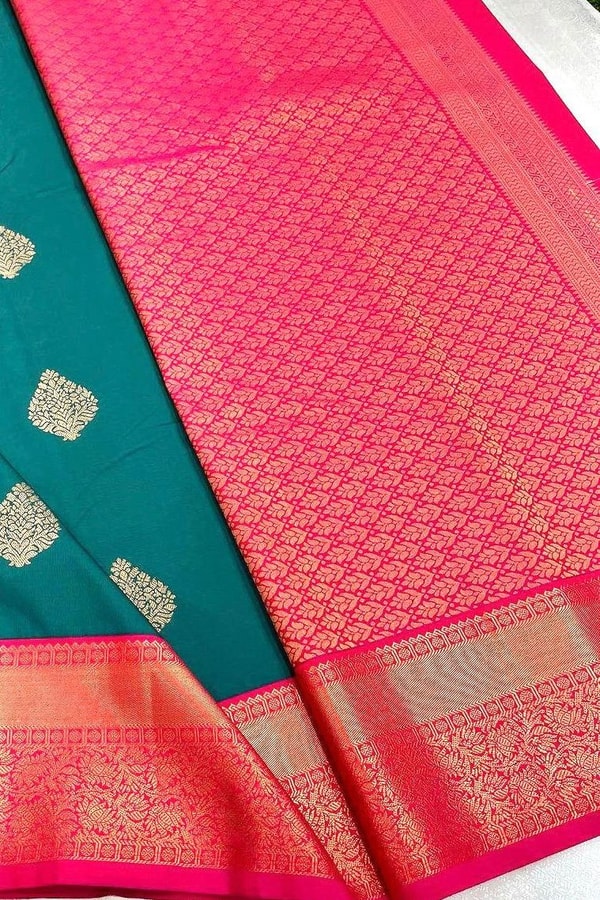 Teal Green Banarasi Soft Silk Saree with Bright Pink Pallu, Border and Zari Butis  in Surat