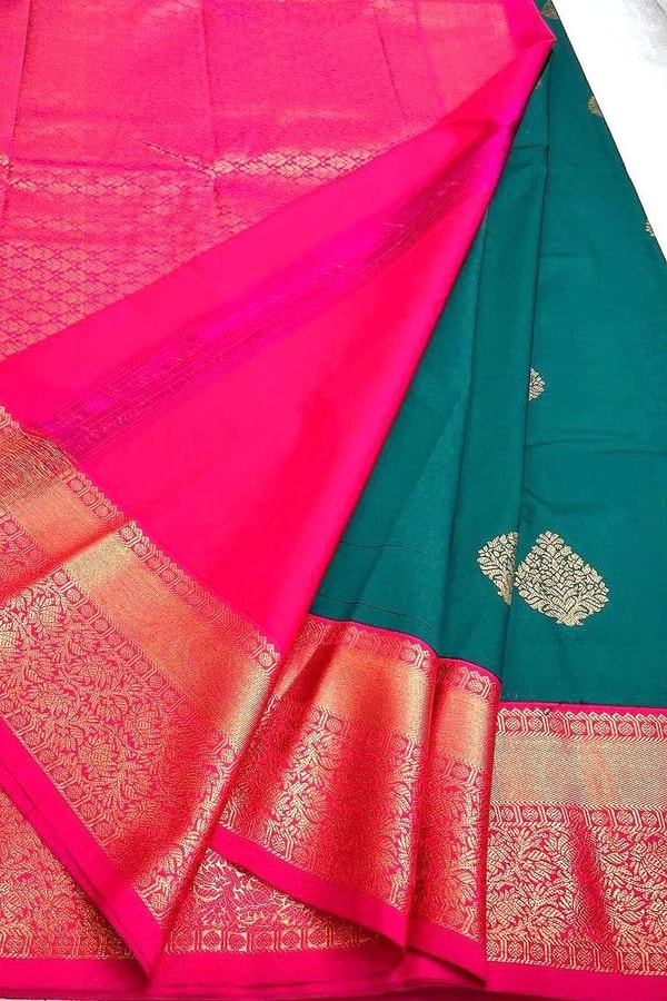 Teal Green Banarasi Soft Silk Saree with Bright Pink Pallu, Border and Zari Butis  in Surat