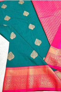 Teal Green Banarasi Soft Silk Saree with Bright Pink Pallu, Border and Zari Butis  in Surat