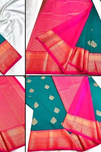 Teal Green Banarasi Soft Silk Saree with Bright Pink Pallu, Border and Zari Butis  in Surat