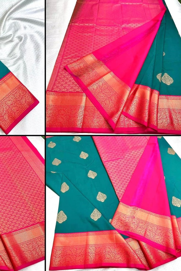 Teal Green Banarasi Soft Silk Saree with Bright Pink Pallu, Border and Zari Butis  in Surat