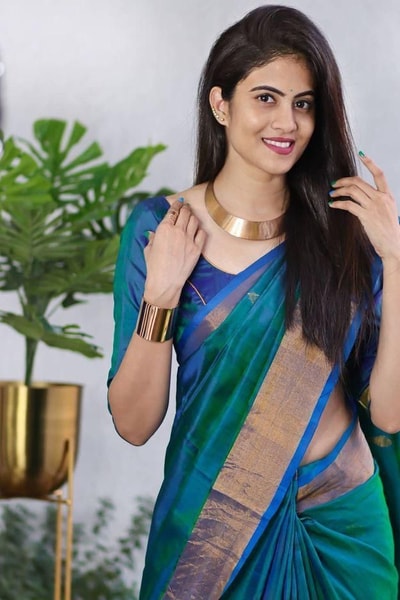 Teal Green and Royal Blue Two-Tone Banarasi Soft Silk Saree with Gold Zari Border in Surat