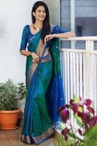 Teal Green and Royal Blue Two-Tone Banarasi Soft Silk Saree with Gold Zari Border  in Surat