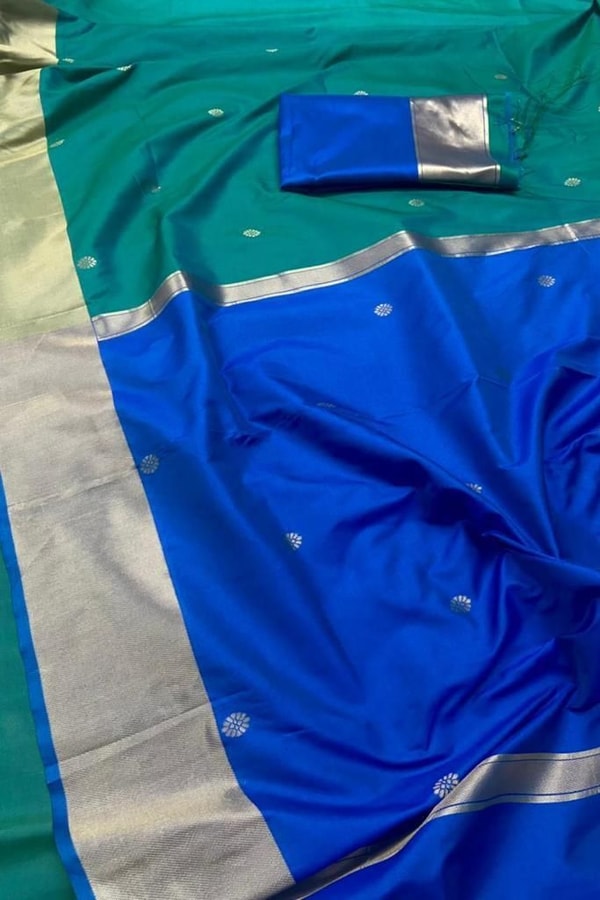 Teal Green and Royal Blue Two-Tone Banarasi Soft Silk Saree with Gold Zari Border  in Surat