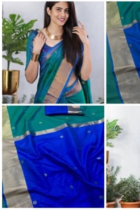 Teal Green and Royal Blue Two-Tone Banarasi Soft Silk Saree with Gold Zari Border  in Surat