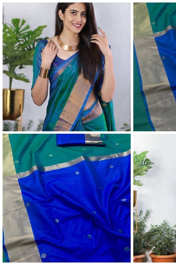 Teal Green and Royal Blue Two-Tone Banarasi Soft Silk Saree with Gold Zari Border  in Surat