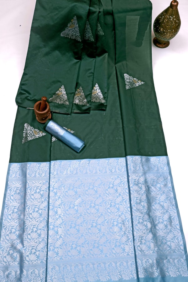Temple Butta Banarasi Soft Silk Saree with Heavy Silver Zari Jaal Pallu in Four Contrasts  in Surat