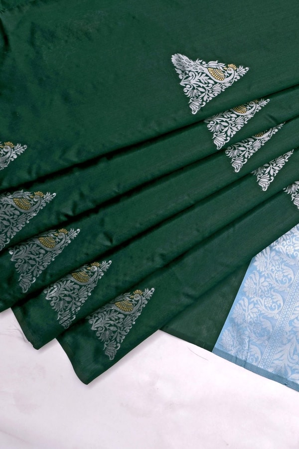 Temple Butta Banarasi Soft Silk Saree with Heavy Silver Zari Jaal Pallu in Four Contrasts  in Surat
