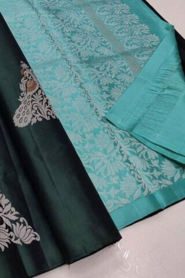 Temple Butta Banarasi Soft Silk Saree with Heavy Silver Zari Jaal Pallu in Four Contrasts  in Surat