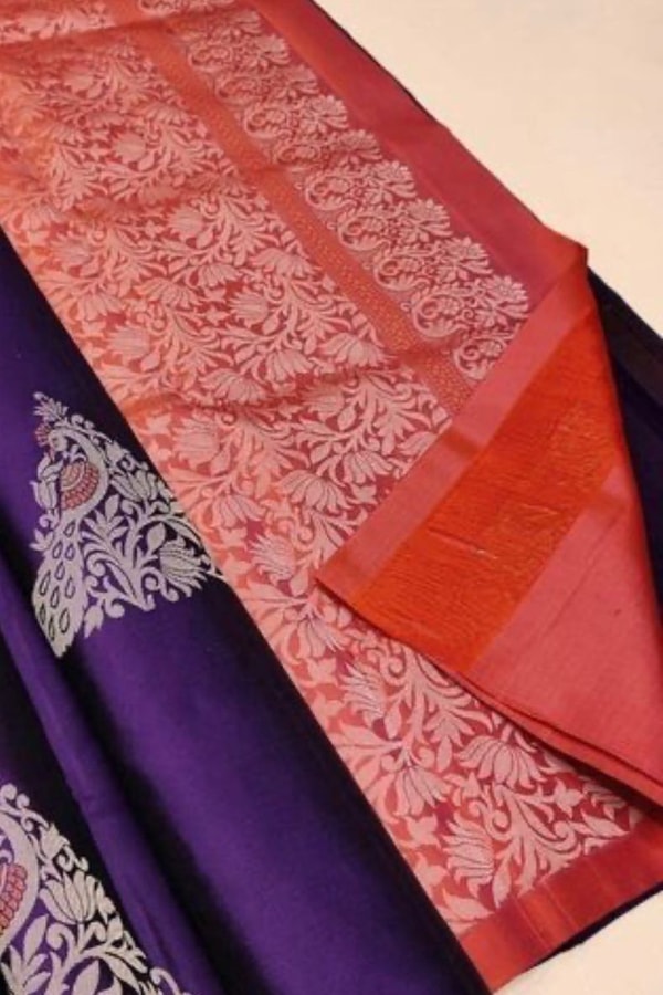Temple Butta Banarasi Soft Silk Saree with Heavy Silver Zari Jaal Pallu in Four Contrasts  in Surat
