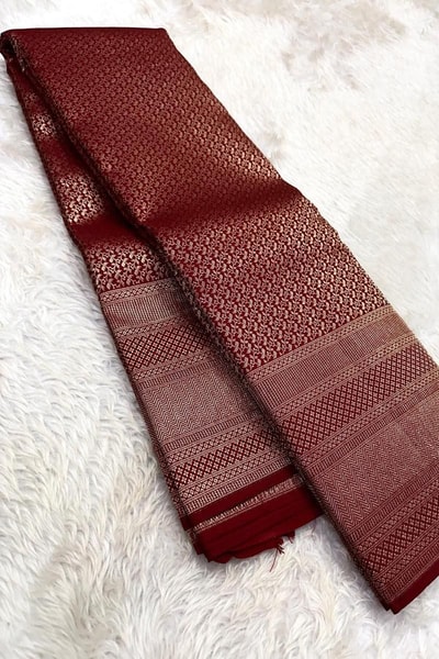 Tone-on-Tone Banarasi Soft Silk Saree with Antique Zari Geometric Jaal in Maroon and Red in Surat