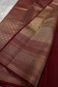 Tone-on-Tone Banarasi Soft Silk Saree with Antique Zari Geometric Jaal in Maroon and Red  in Surat