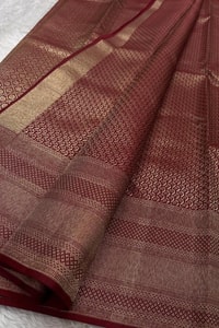 Tone-on-Tone Banarasi Soft Silk Saree with Antique Zari Geometric Jaal in Maroon and Red  in Surat