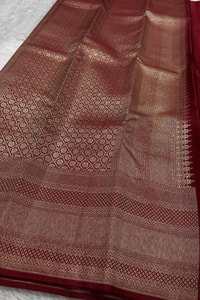 Tone-on-Tone Banarasi Soft Silk Saree with Antique Zari Geometric Jaal in Maroon and Red  in Surat