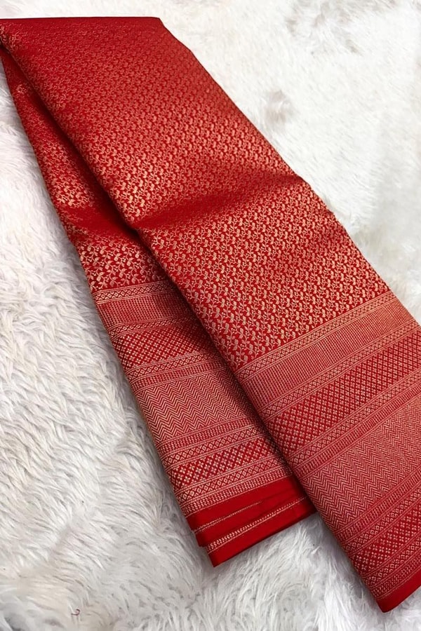 Tone-on-Tone Banarasi Soft Silk Saree with Antique Zari Geometric Jaal in Maroon and Red  in Surat