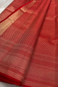 Tone-on-Tone Banarasi Soft Silk Saree with Antique Zari Geometric Jaal in Maroon and Red  in Surat