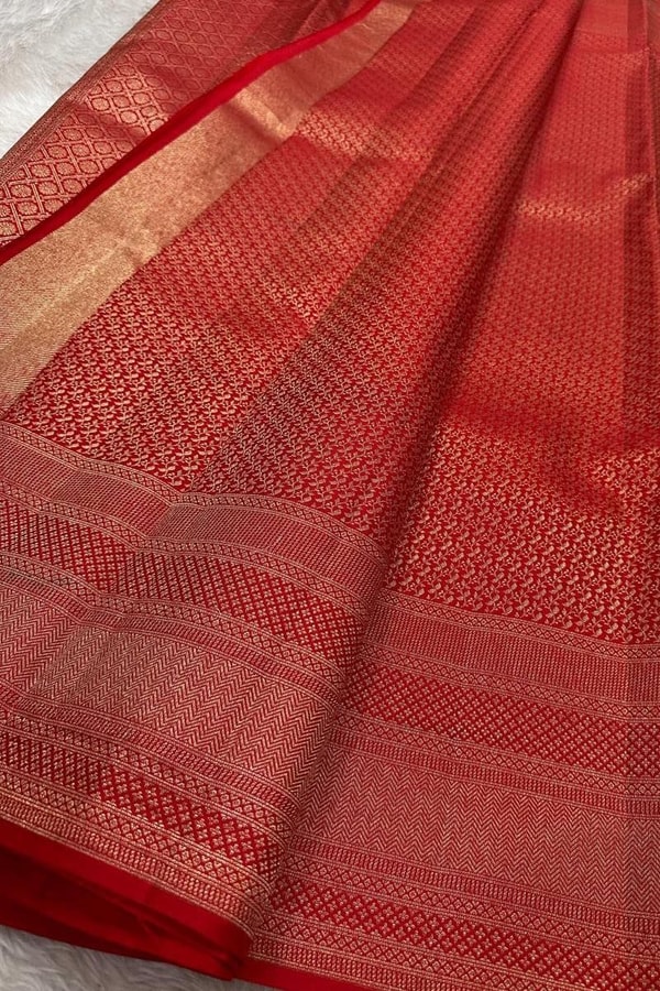 Tone-on-Tone Banarasi Soft Silk Saree with Antique Zari Geometric Jaal in Maroon and Red  in Surat