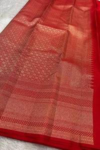 Tone-on-Tone Banarasi Soft Silk Saree with Antique Zari Geometric Jaal in Maroon and Red  in Surat