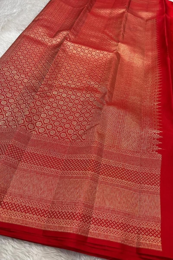 Tone-on-Tone Banarasi Soft Silk Saree with Antique Zari Geometric Jaal in Maroon and Red  in Surat