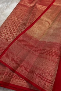 Tone-on-Tone Banarasi Soft Silk Saree with Antique Zari Geometric Jaal in Maroon and Red  in Surat
