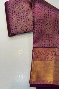 Tone-on-Tone Geometric Jaal Banarasi Soft Silk Saree in Maroon and Wine with Zari Border  in Surat