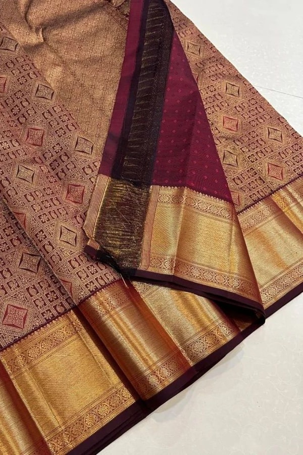 Tone-on-Tone Geometric Jaal Banarasi Soft Silk Saree in Maroon and Wine with Zari Border  in Surat