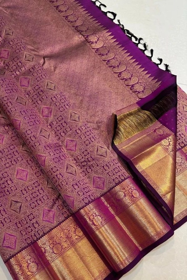 Tone-on-Tone Geometric Jaal Banarasi Soft Silk Saree in Maroon and Wine with Zari Border  in Surat