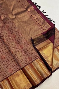 Tone-on-Tone Geometric Jaal Banarasi Soft Silk Saree in Maroon and Wine with Zari Border  in Surat