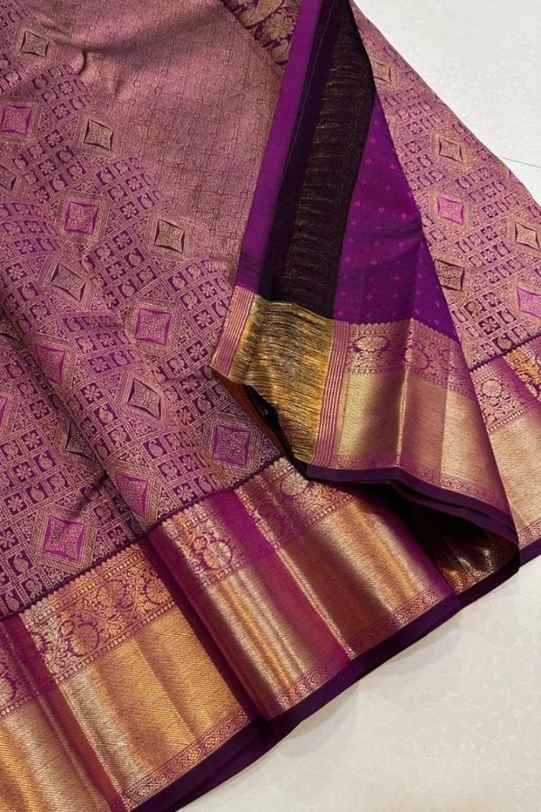 Tone-on-Tone Geometric Jaal Banarasi Soft Silk Saree in Maroon and Wine with Zari Border  in Surat