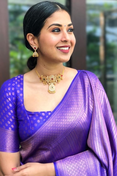 Tone-on-Tone Jacquard Banarasi Soft Silk Saree with Rich Pallu in Purple, Rust and Pink in Surat