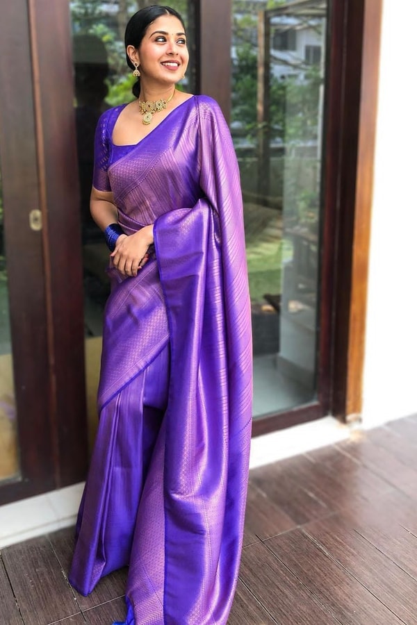 Tone-on-Tone Jacquard Banarasi Soft Silk Saree with Rich Pallu in Purple, Rust and Pink  in Surat