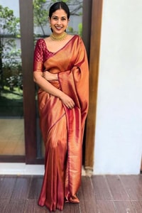 Tone-on-Tone Jacquard Banarasi Soft Silk Saree with Rich Pallu in Purple, Rust and Pink  in Surat