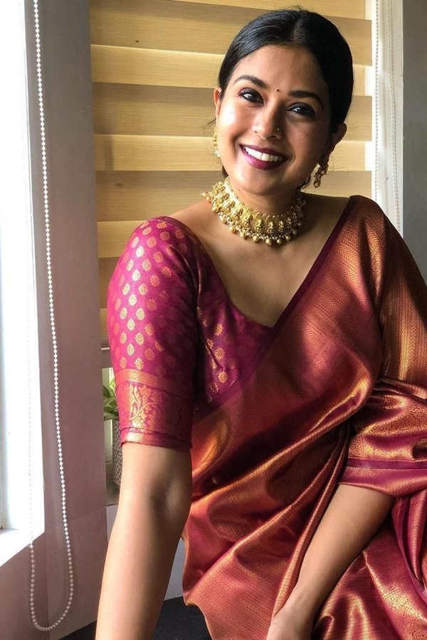 Tone-on-Tone Jacquard Banarasi Soft Silk Saree with Rich Pallu in Purple, Rust and Pink  in Surat