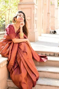 Tone-on-Tone Jacquard Banarasi Soft Silk Saree with Rich Pallu in Purple, Rust and Pink  in Surat