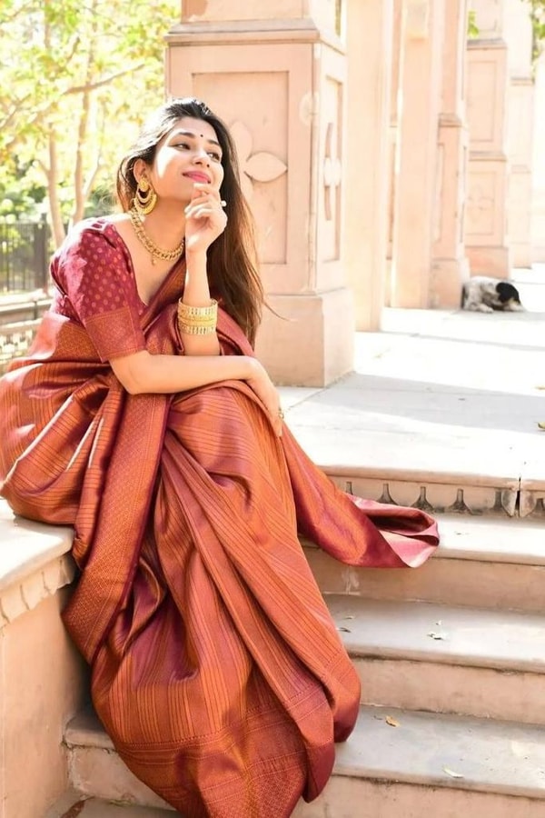Tone-on-Tone Jacquard Banarasi Soft Silk Saree with Rich Pallu in Purple, Rust and Pink  in Surat