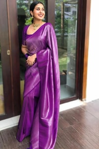 Tone-on-Tone Jacquard Banarasi Soft Silk Saree with Rich Pallu in Purple, Rust and Pink  in Surat