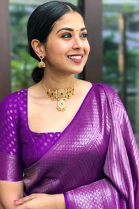 Tone-on-Tone Jacquard Banarasi Soft Silk Saree with Rich Pallu in Purple, Rust and Pink  in Surat
