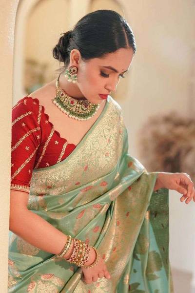 Traditional Allover Flower Zari Work Design on Banarasi Silk Saree in Surat