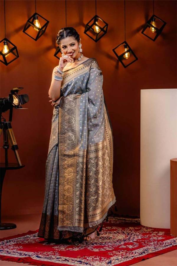 Traditional Banarasi Silk Saree in Grey with Golden Buta and Rich Pallu  in Surat