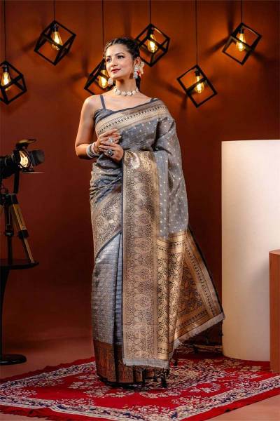 Traditional Banarasi Silk Saree in Grey with Golden Buta and Rich Pallu in Surat