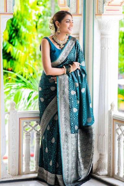 Traditional Banarasi Silk Saree with All Over Silver Zari weaving Floral Design Saree in Surat