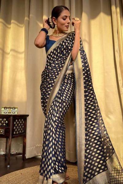 Traditional Banarasi Wedding Saree with All Over Golden Flower Butta Design Saree in Surat