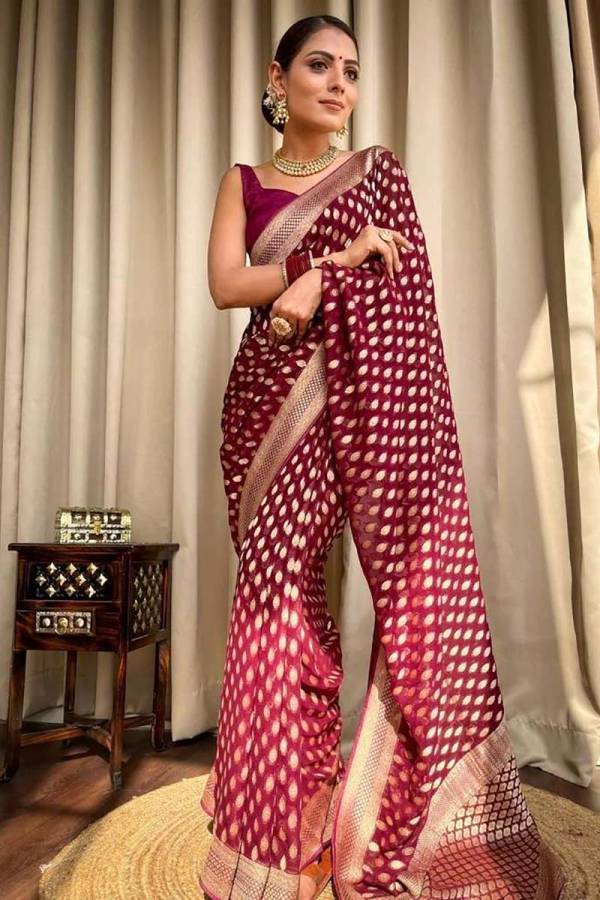 Traditional Banarasi Wedding Saree with All Over Golden Flower Butta Design Saree  in Surat